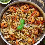 Pesto Shrimp Fettuccine in Mushroom Garlic Sauce