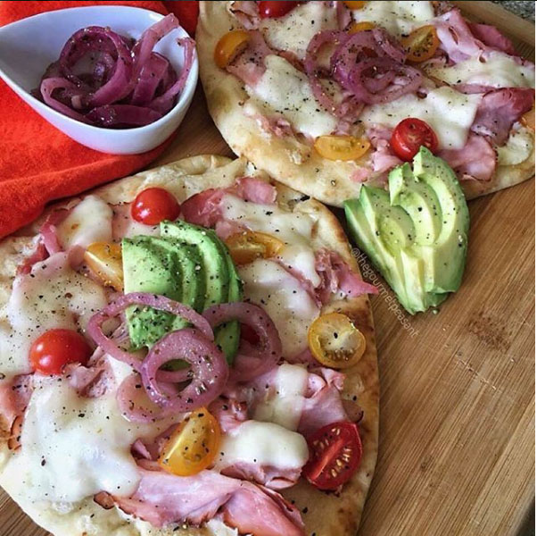 Hot Ham & Cheese Flatbreads with Cherry Tomatoes, Marinated Onions & Avocado